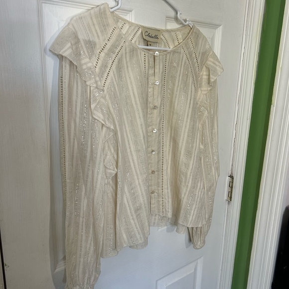 Cleobella Cream Top with metallic stripes  Size M. Ruffle detail at shoulders. - Picture 2 of 11
